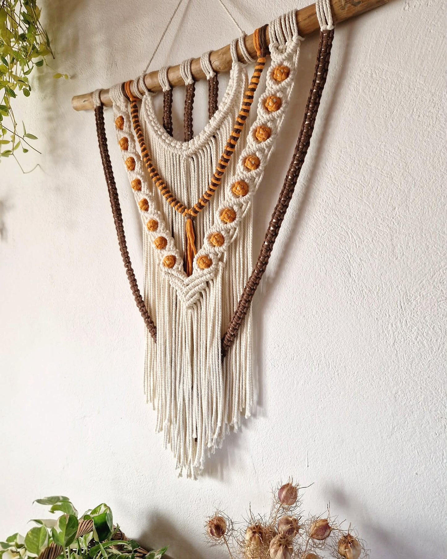 Macramé mural - Ecru, Chocolat et Curcuma